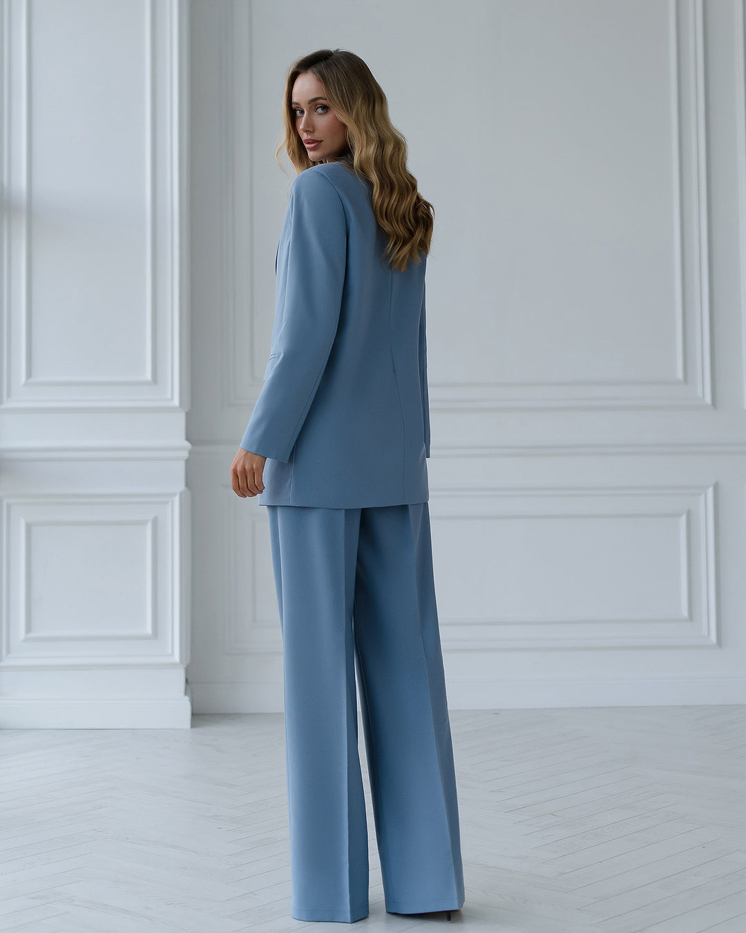 Blue-Gray oversize Blazer and wide leg pants co-ord suit for business women