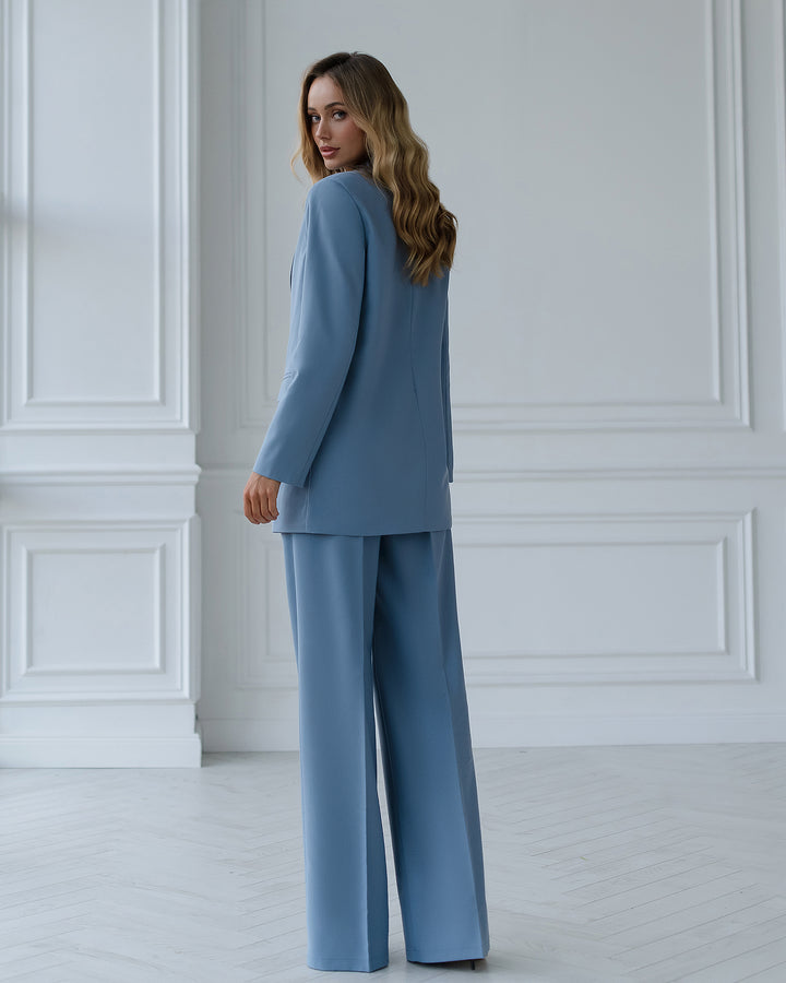Blue-Gray oversize Blazer and wide leg pants co-ord suit for business women