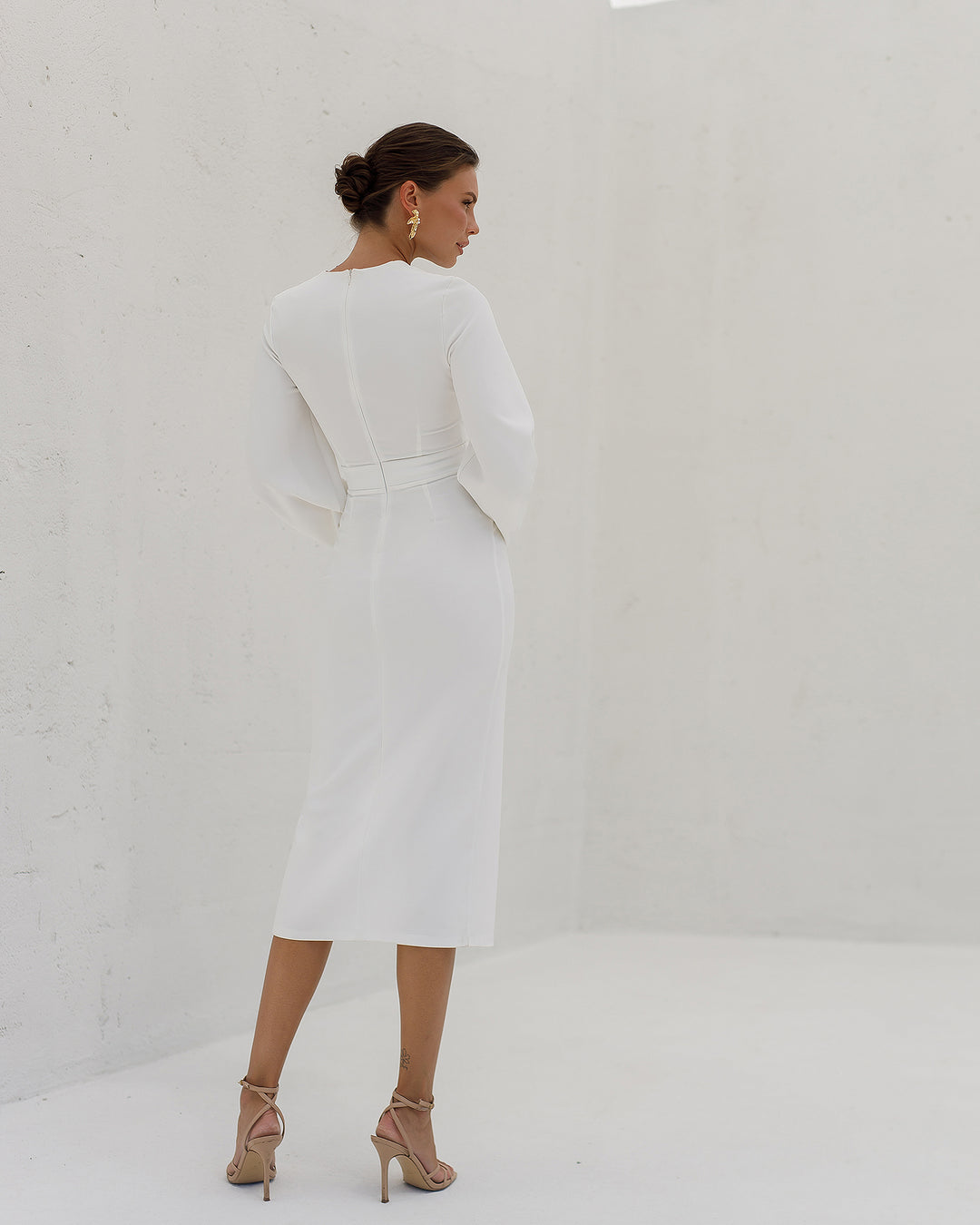 White Midi Dress With Long Bishop Sleeves