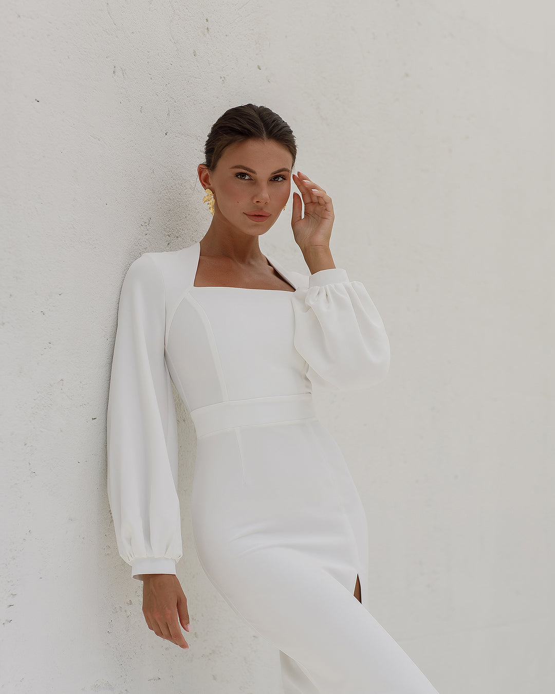 White Midi Dress With Long Bishop Sleeves