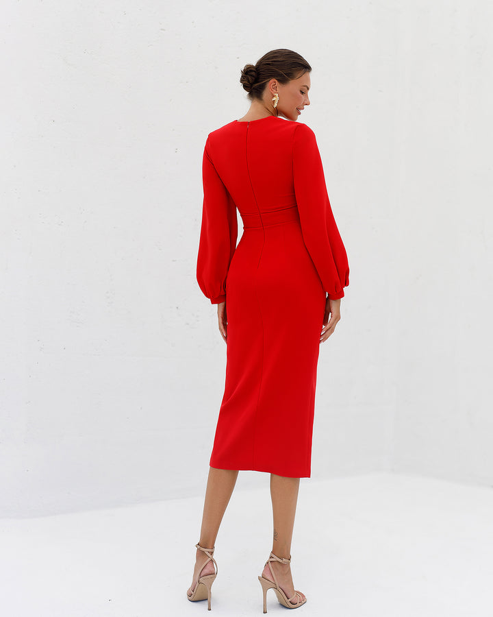 Red Midi Dress With Long Bishop Sleeves