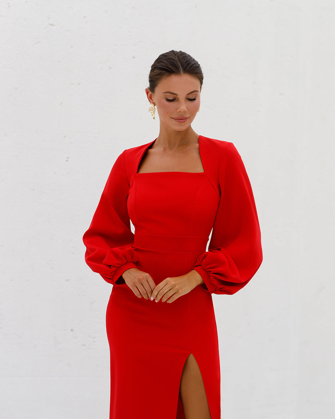 Red Midi Dress With Long Bishop Sleeves