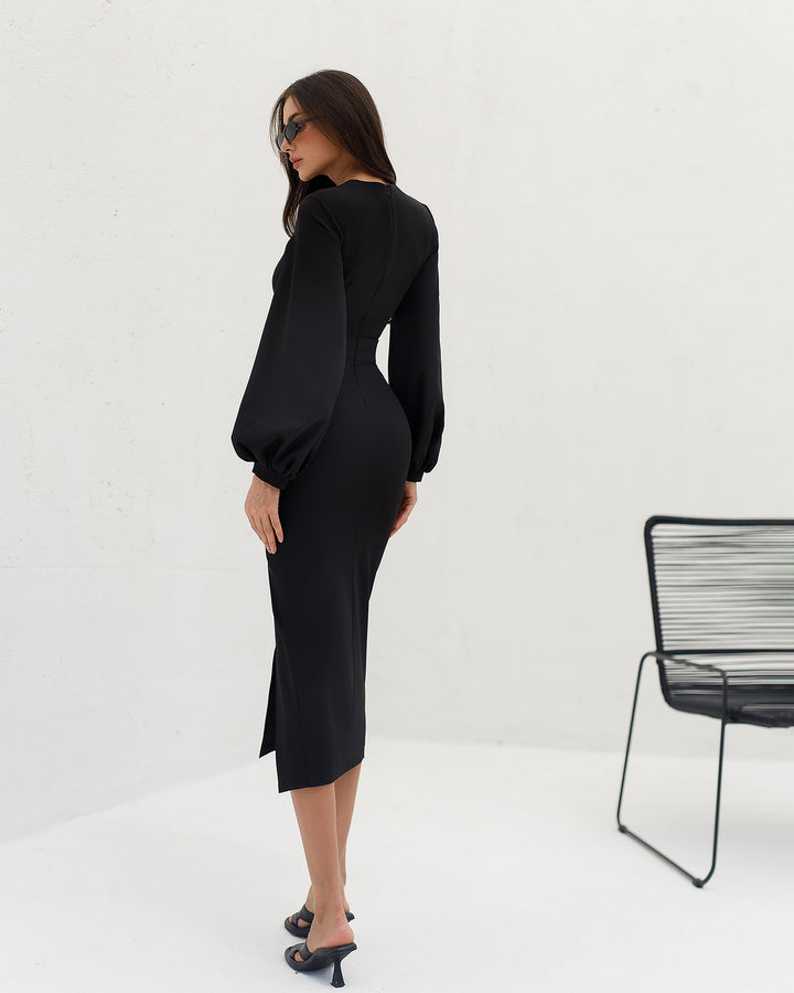 Black Midi Dress With Long Bishop Sleeves