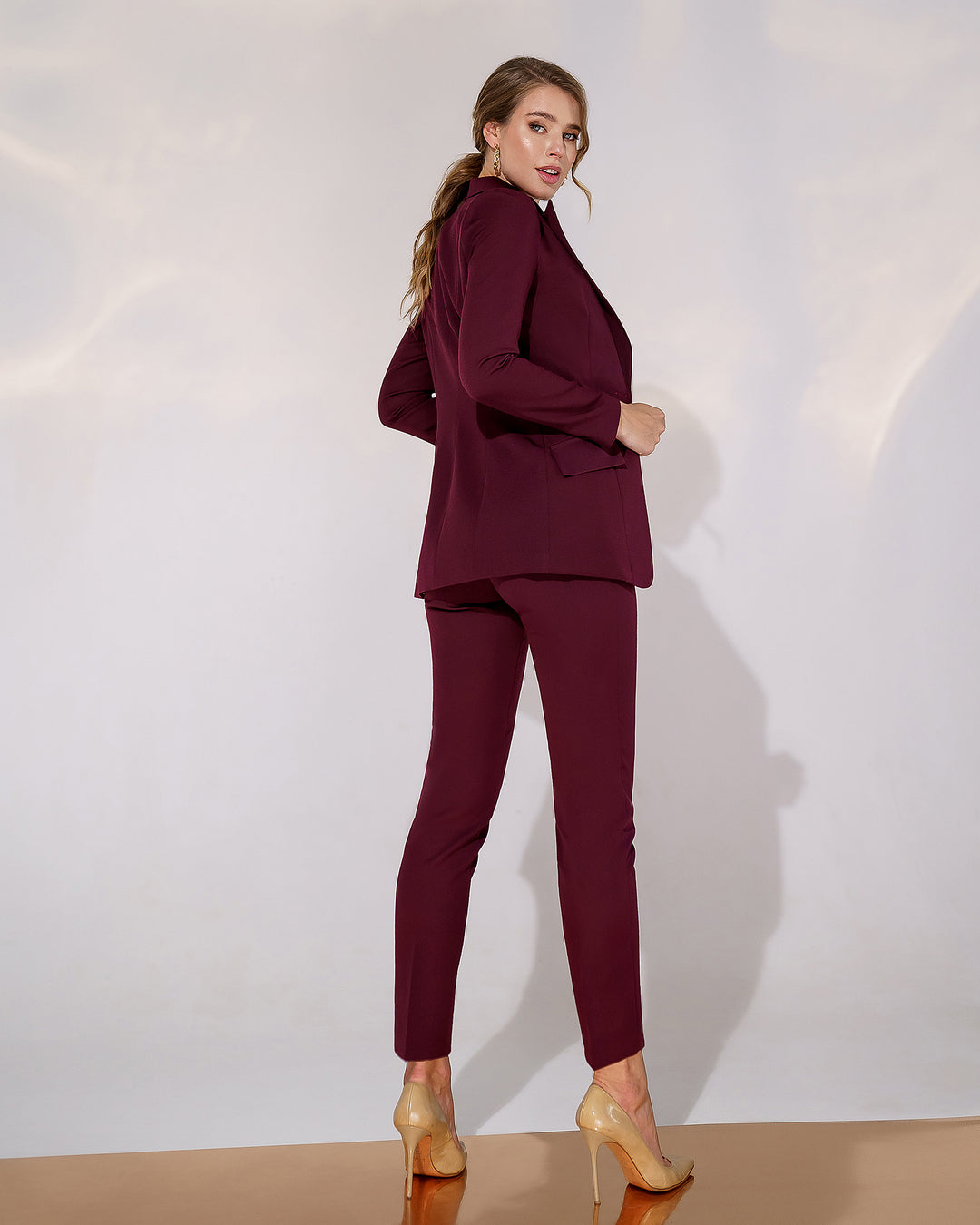 Burgundy formal 3-piece pantsuit for women: blazer, waistcoat, regular pants