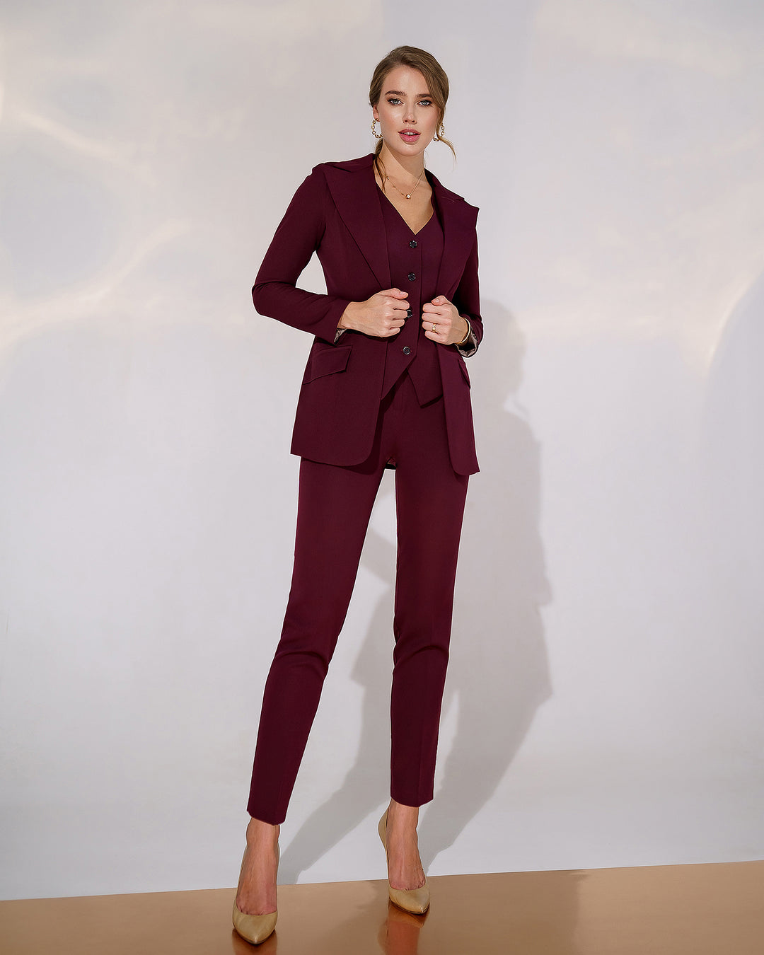 Burgundy formal 3-piece pantsuit for women: blazer, waistcoat, regular pants