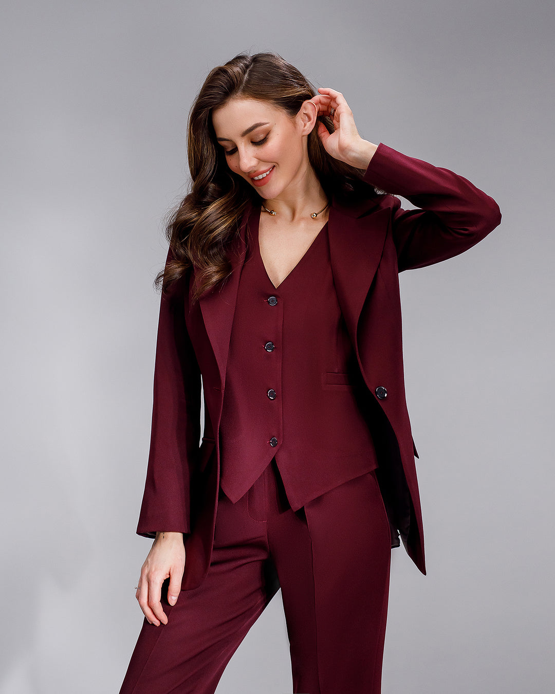 Burgundy formal 3-piece pantsuit for women: blazer, waistcoat, regular pants