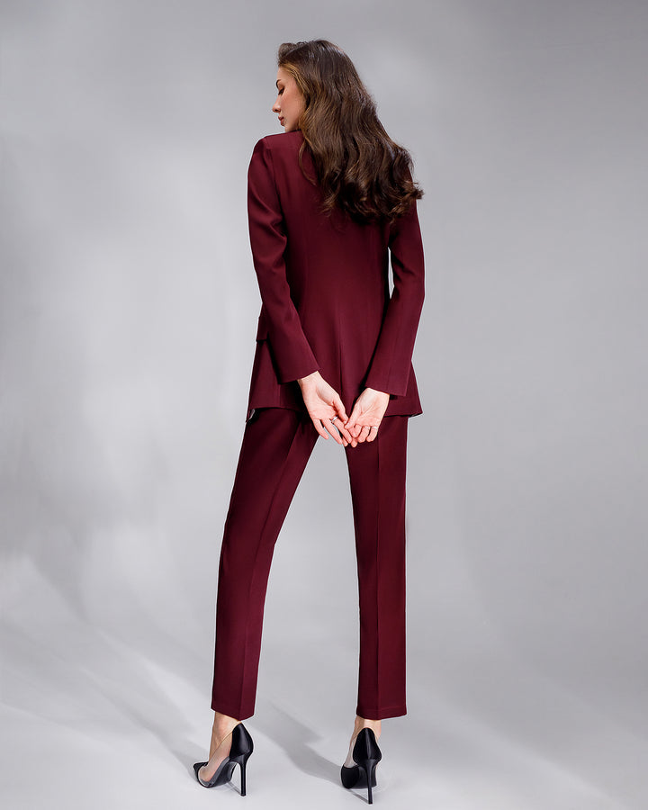 Burgundy formal 3-piece pantsuit for women: blazer, waistcoat, regular pants