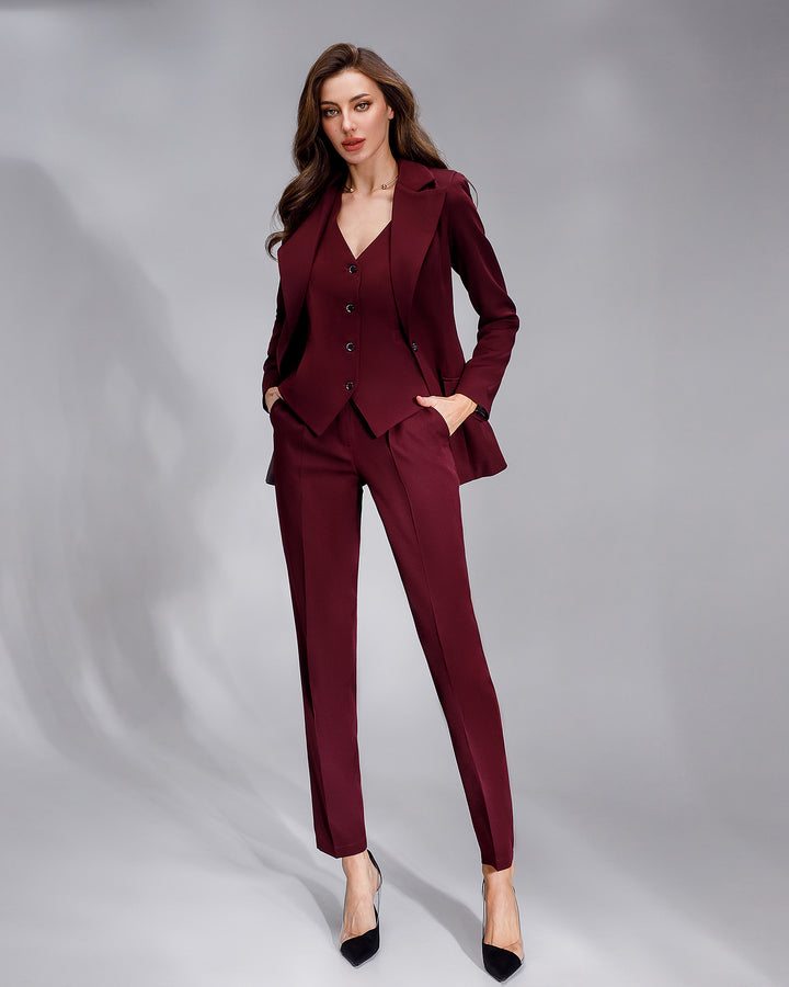 Burgundy formal 3-piece pantsuit for women: blazer, waistcoat, regular pants