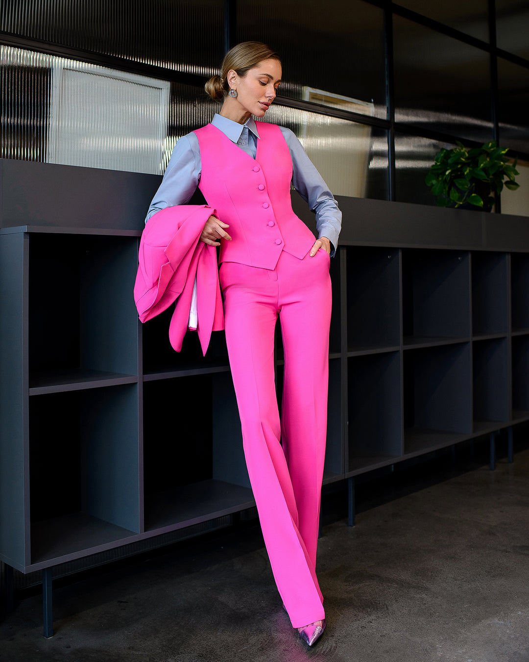 Hot Pink elegant 3-piece waistcoat pantsuit for tall women