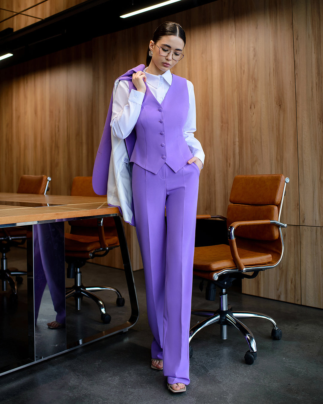 Lavender elegant 3-piece waistcoat pantsuit for tall women