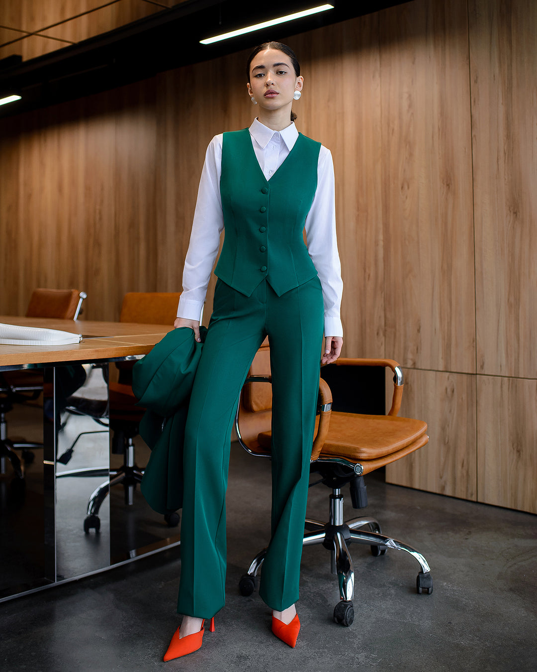 Emerald Green elegant 3-piece waistcoat pantsuit for tall women