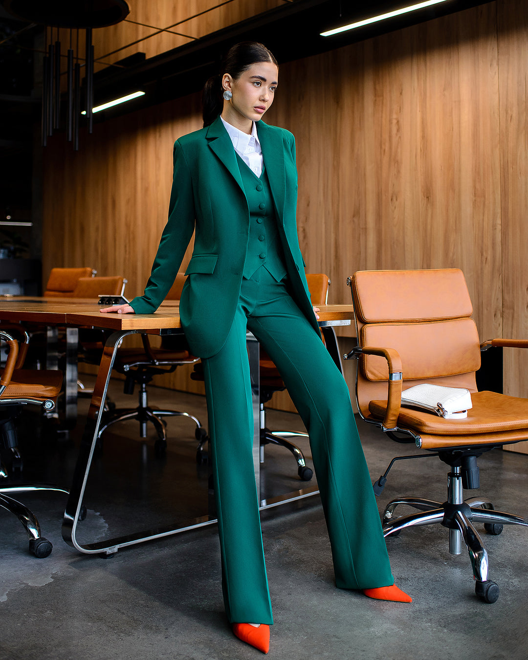 Emerald Green elegant 3-piece waistcoat pantsuit for tall women