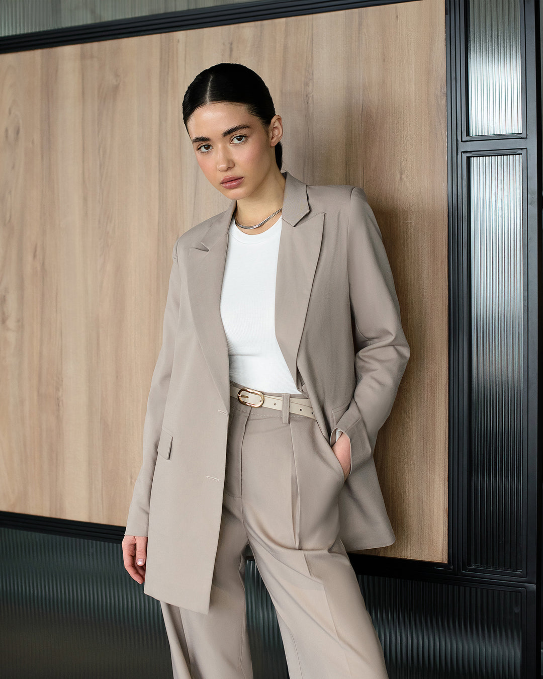 Classy beige oversize Blazer and wide leg pants co-ord suit for business women