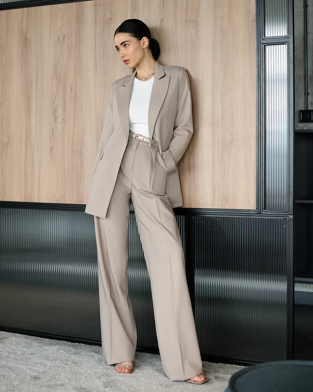 Classy beige oversize Blazer and wide leg pants co-ord suit for business women