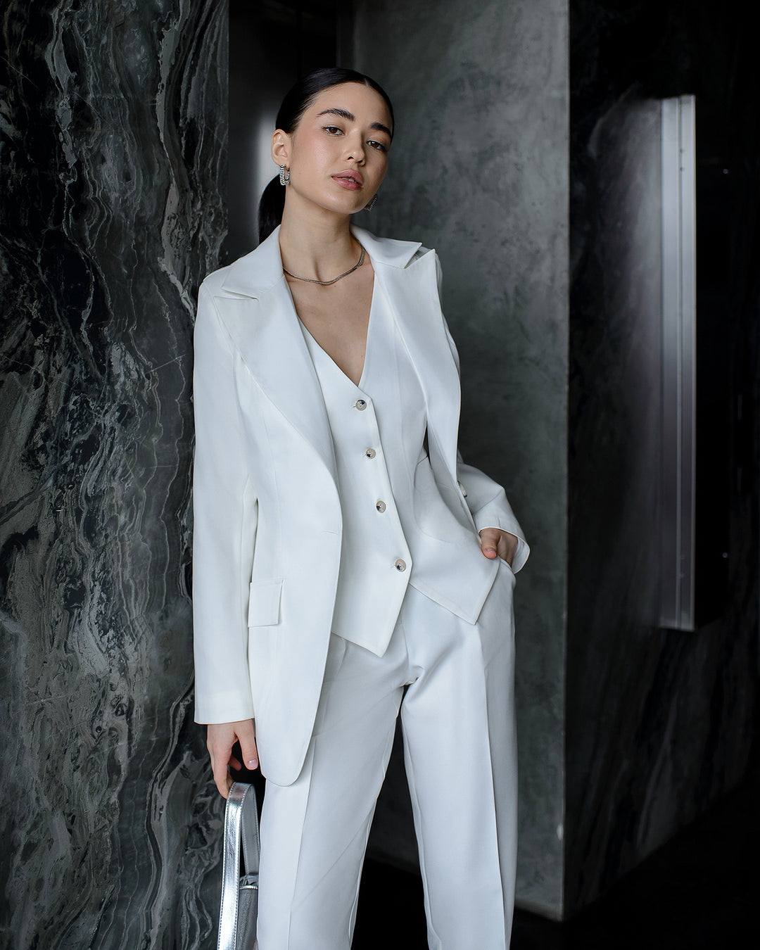 Classic White formal 3-piece pantsuit for women: blazer, waistcoat, regular pants