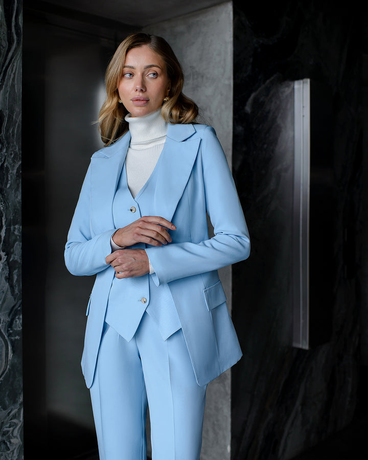 Light Blue formal 3-piece pantsuit for women: blazer, waistcoat, regular pants