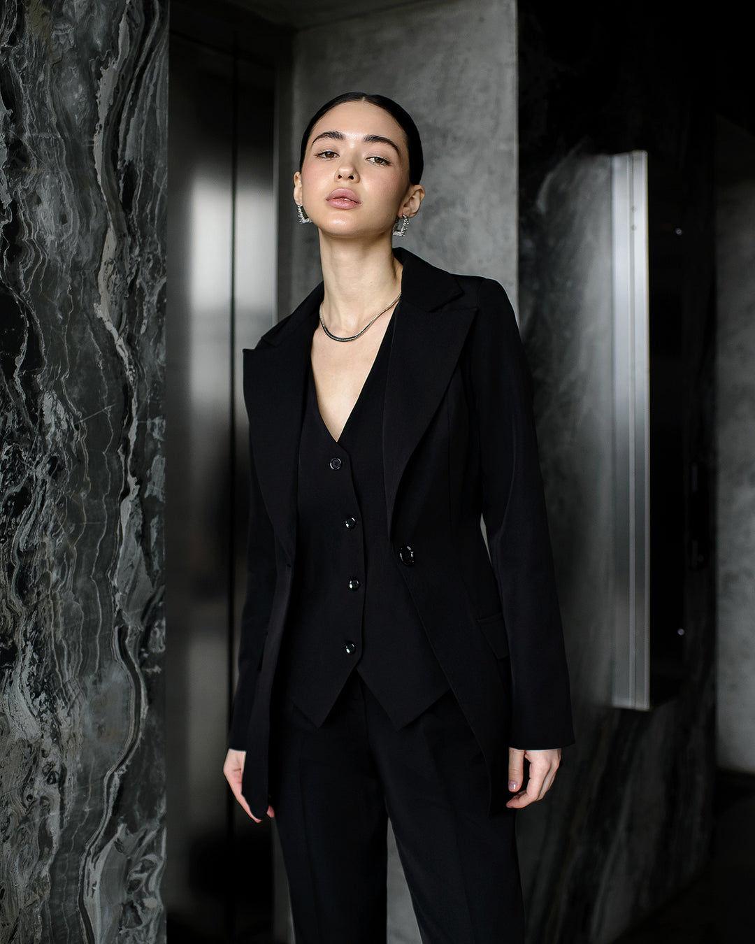 Black formal 3-piece pantsuit for women: blazer, waistcoat, regular pants