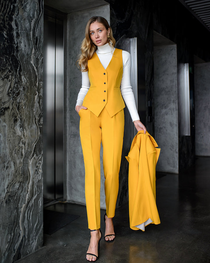 Mustard Yellow formal 3-piece pantsuit for women: blazer, waistcoat, regular pants