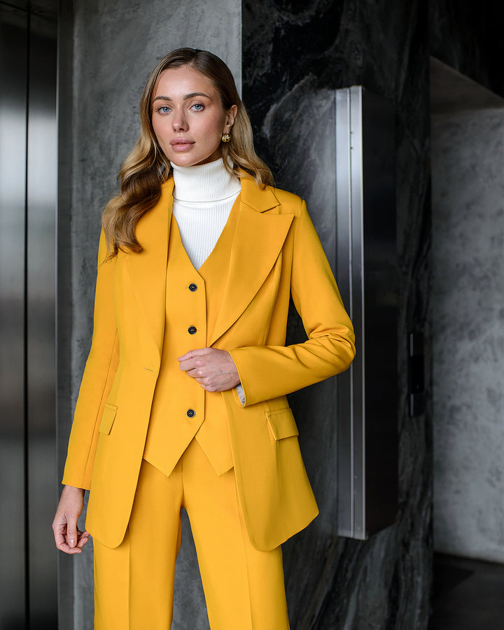 Mustard Yellow formal 3-piece pantsuit for women: blazer, waistcoat, regular pants