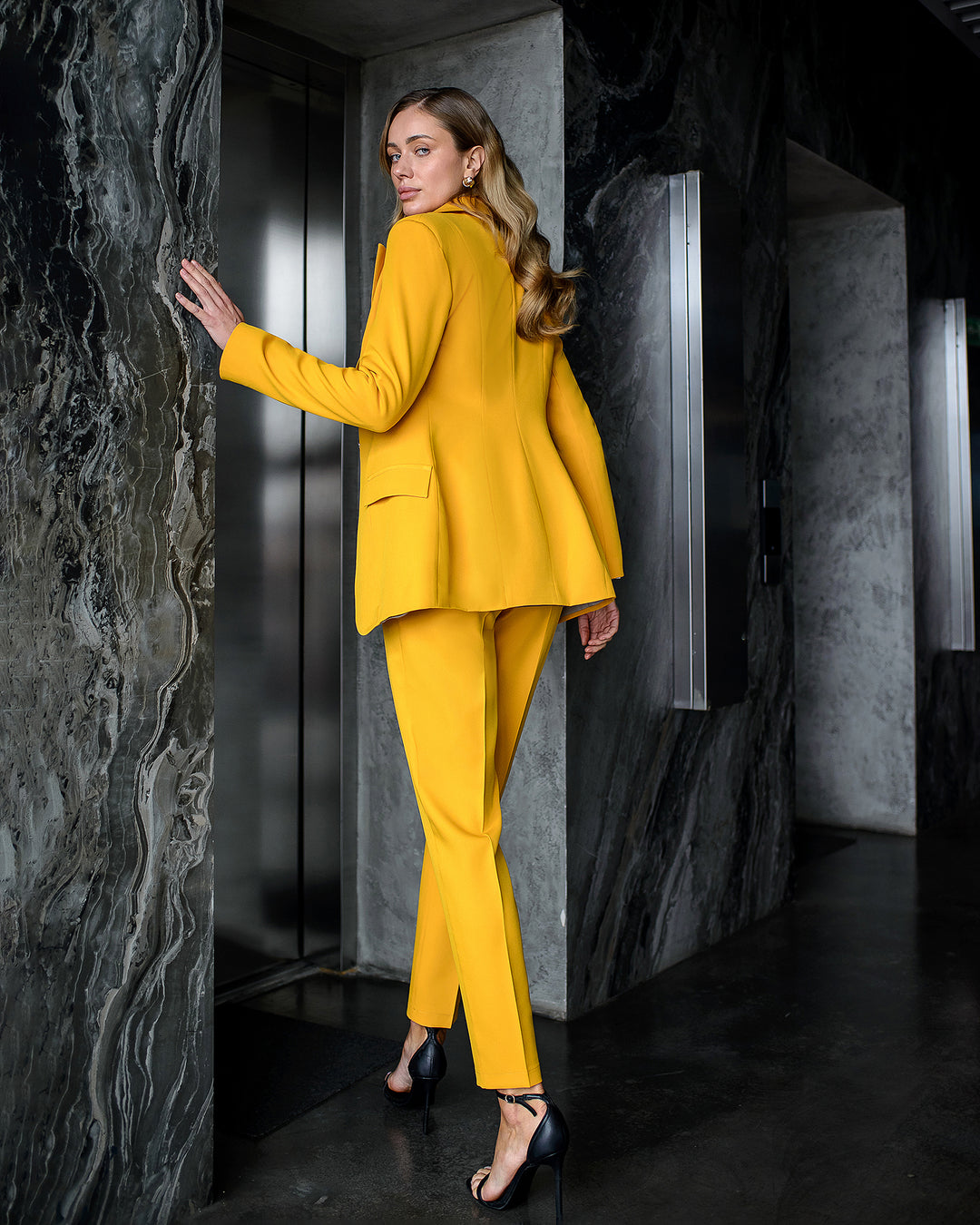 Mustard Yellow formal 3-piece pantsuit for women: blazer, waistcoat, regular pants