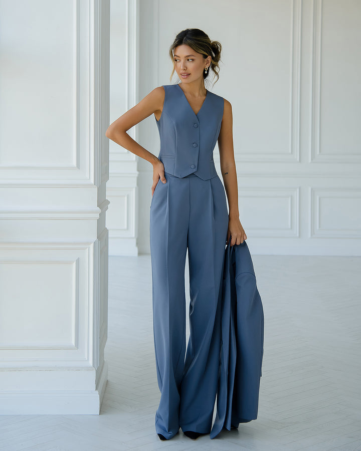 Classic Grey formal 3-piece pantsuit for tall women in oversized style: blazer, waistcoat, trousers