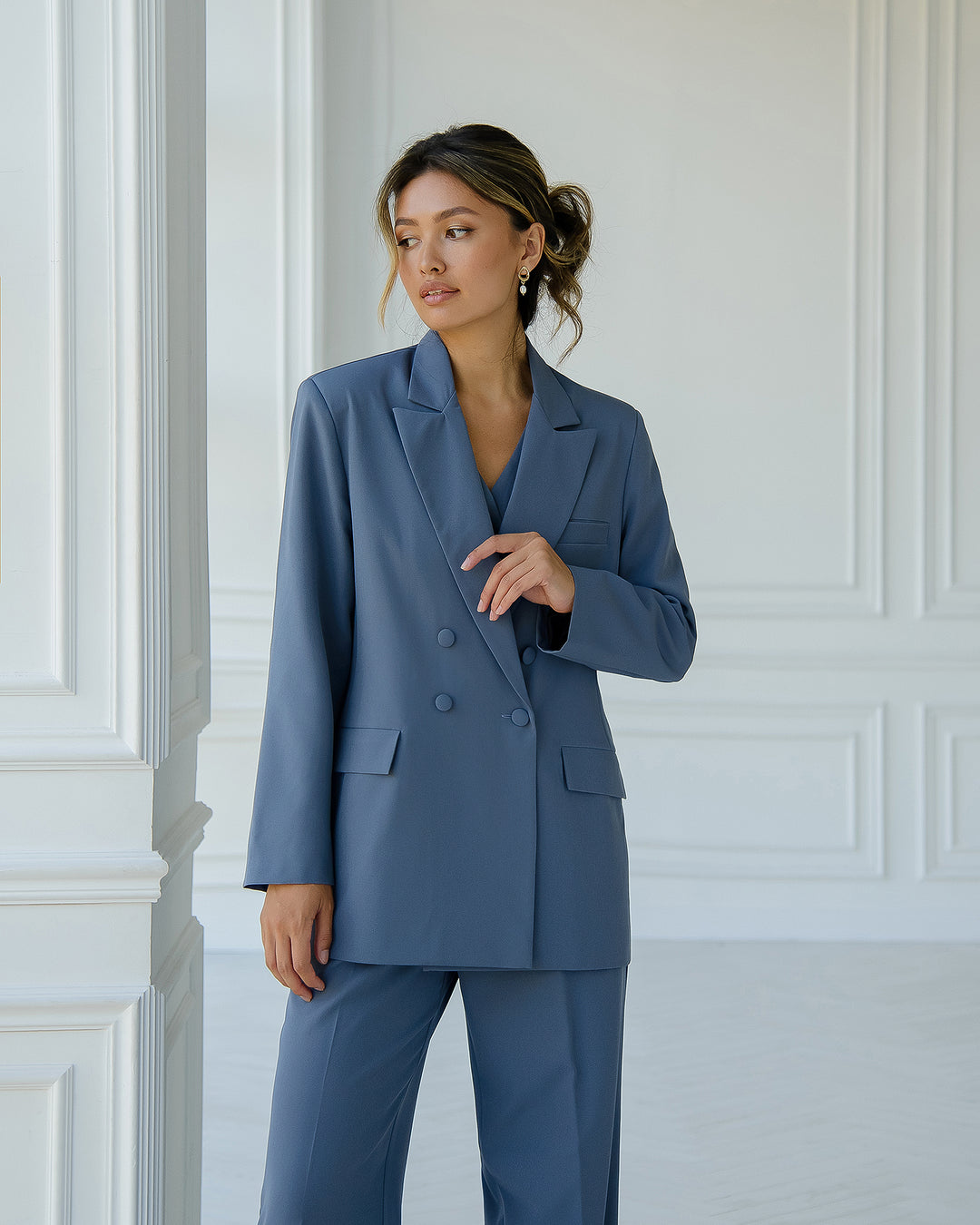 Classic Grey formal 3-piece pantsuit for tall women in oversized style: blazer, waistcoat, trousers