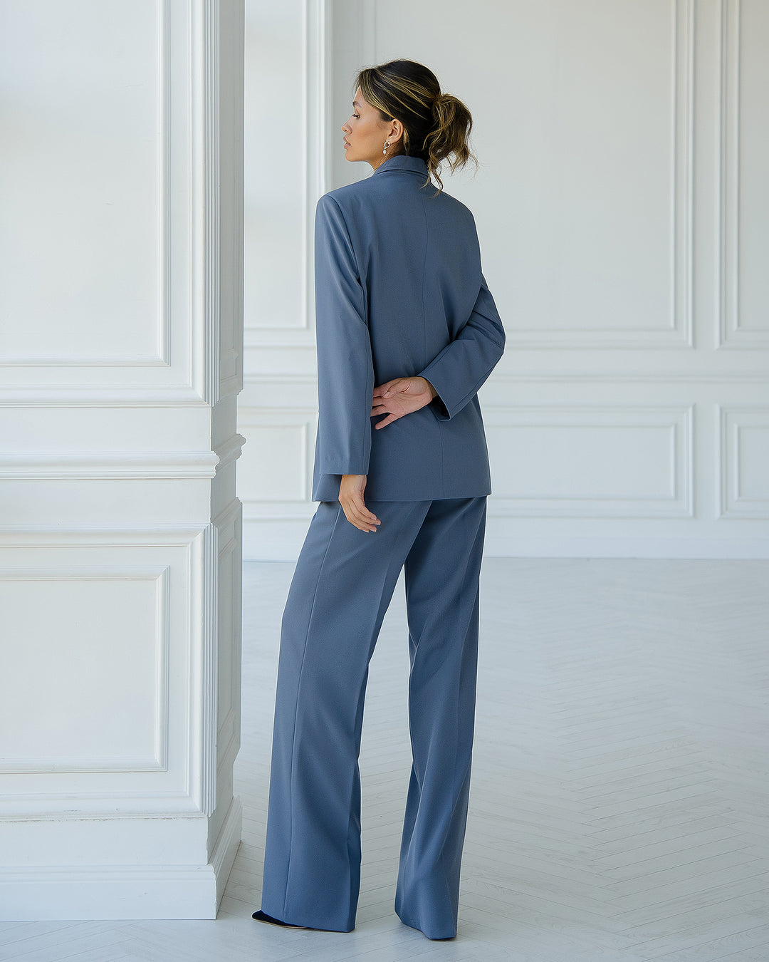 Classic Grey formal 3-piece pantsuit for tall women in oversized style: blazer, waistcoat, trousers