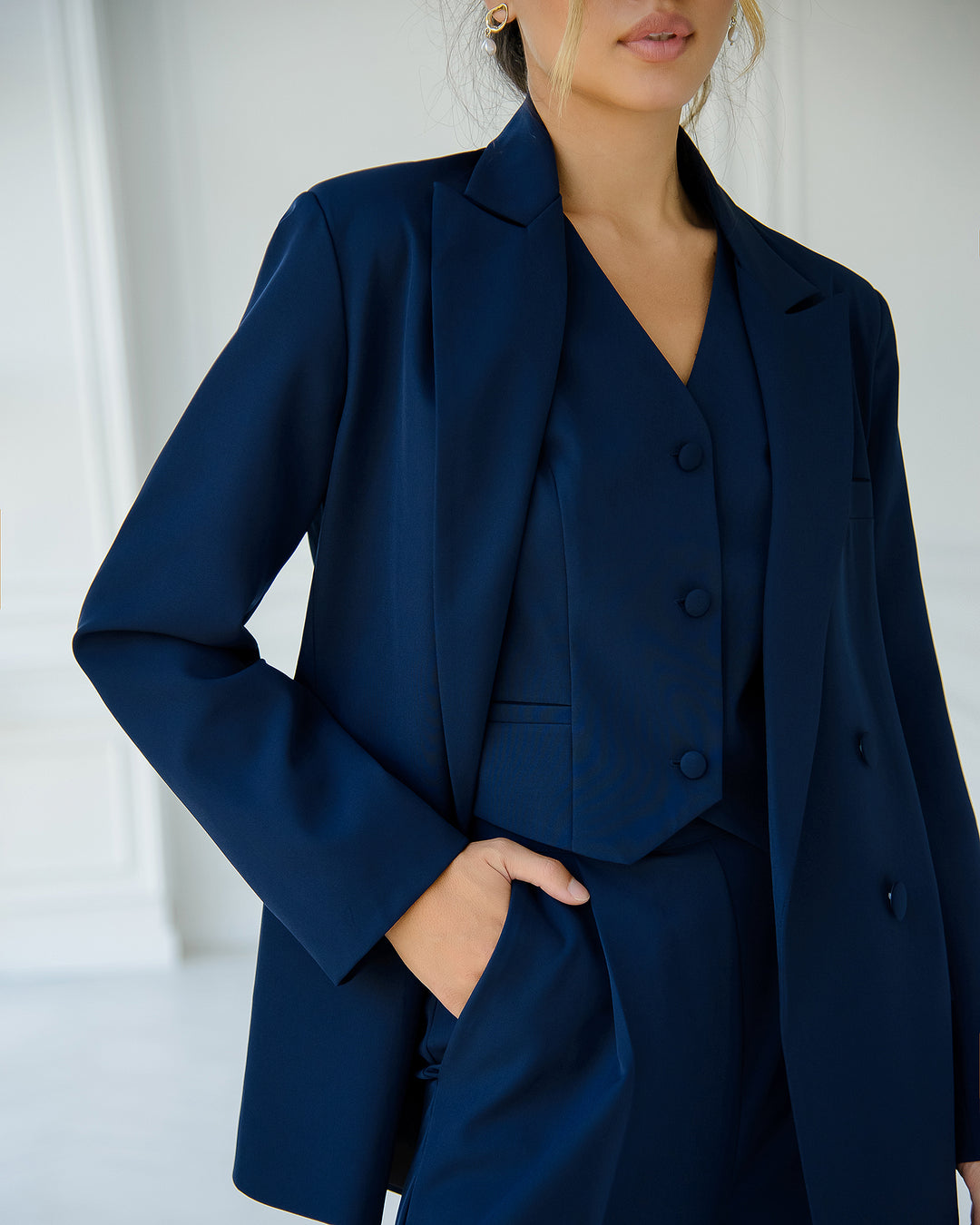 Navy Blue formal 3-piece pantsuit for tall women in oversized style: blazer, waistcoat, trousers