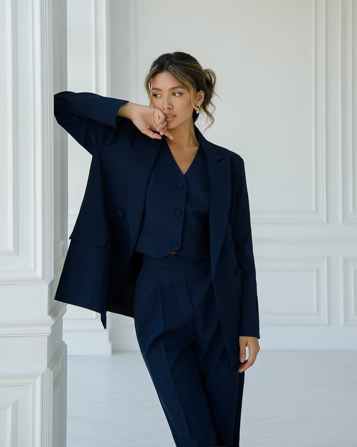 Navy Blue formal 3-piece pantsuit for tall women in oversized style: blazer, waistcoat, trousers