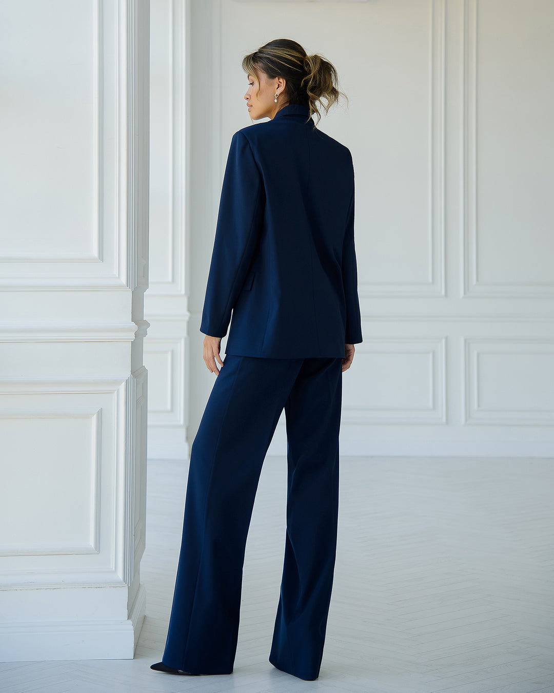 Navy Blue formal 3-piece pantsuit for tall women in oversized style: blazer, waistcoat, trousers