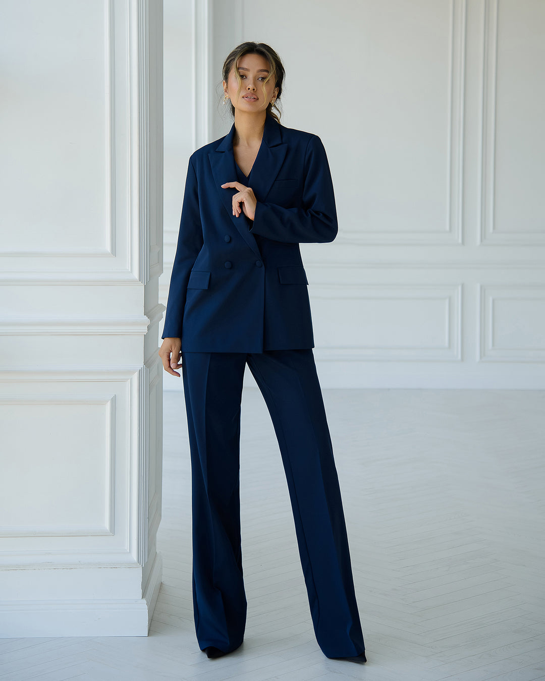 Navy Blue formal 3-piece pantsuit for tall women in oversized style: blazer, waistcoat, trousers