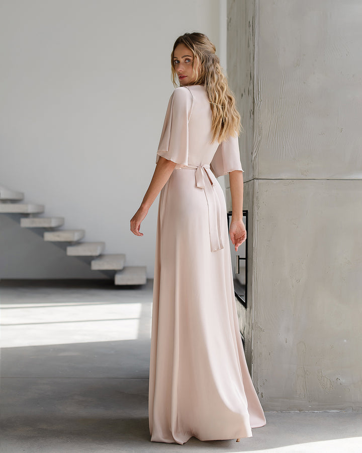 Beige Silk Wrap Maxi Dress