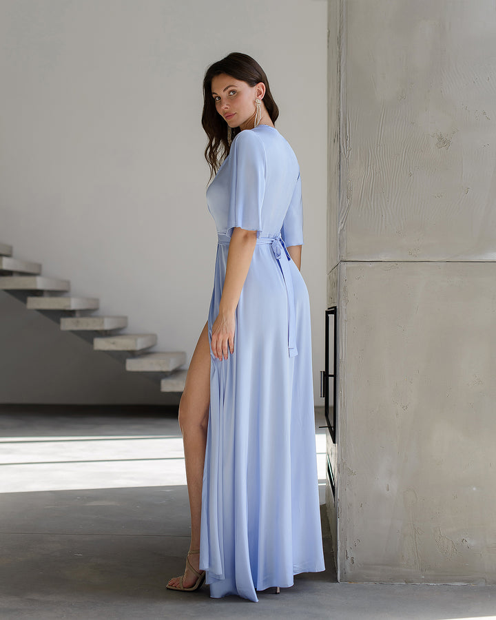 Light Blue Silk Wrap Maxi Dress