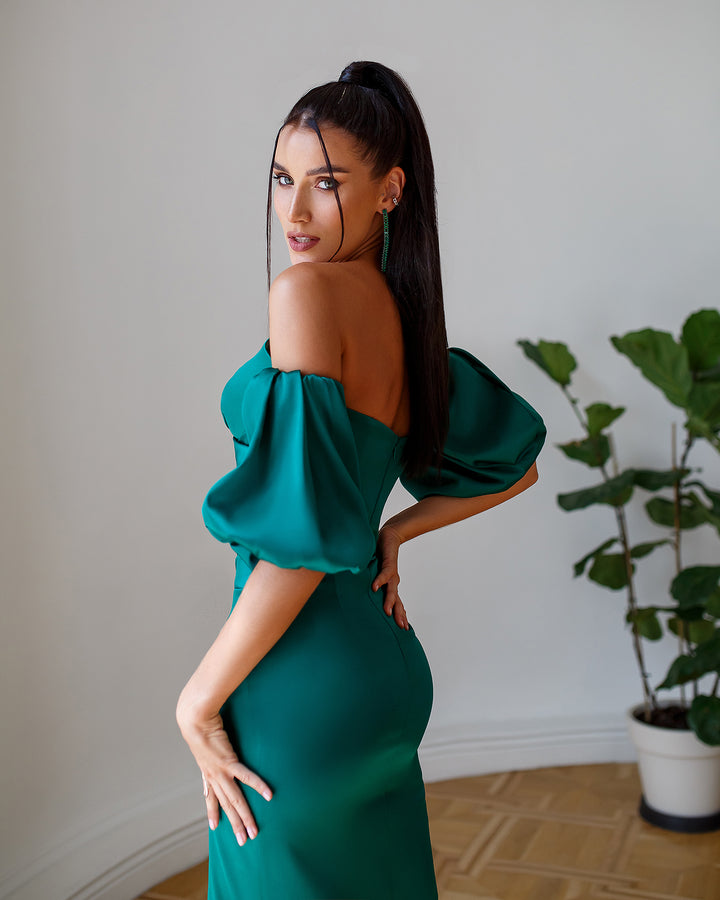 Emerald Green Satin Midi Dress