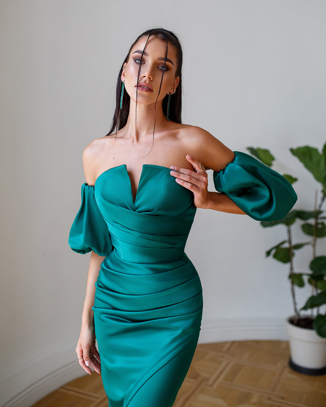 Emerald Green Satin Midi Dress