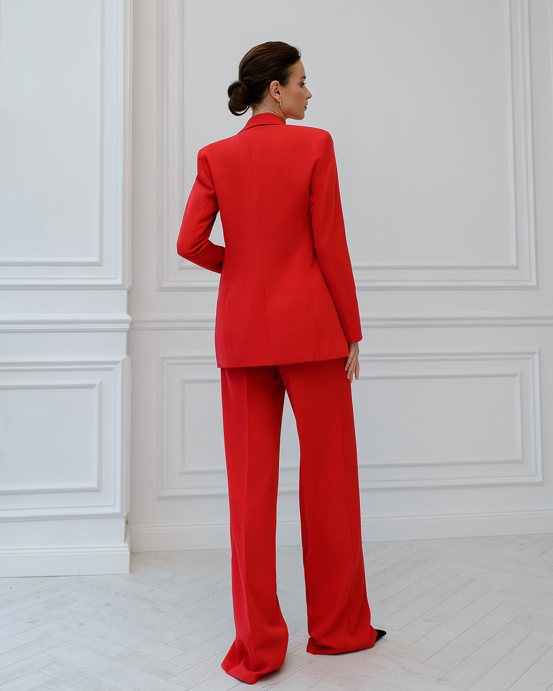 Red chic 3-piece Palazzo Pantsuit: blazer, crop top and pants