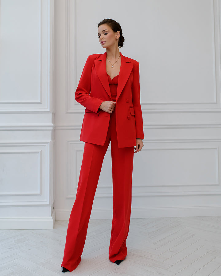 Red chic 3-piece Palazzo Pantsuit: blazer, crop top and pants