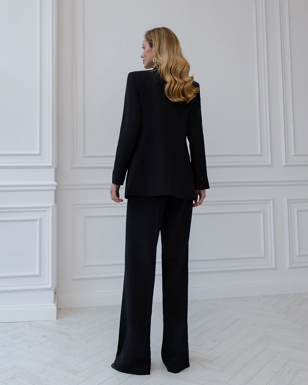 Black chic 3-piece Palazzo Pantsuit: blazer, crop top and pants