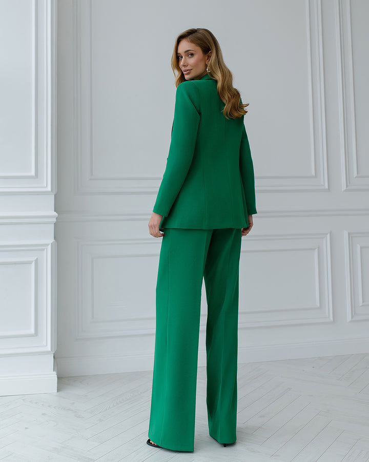 Green chic 3-piece Palazzo Pantsuit: blazer, crop top and pants