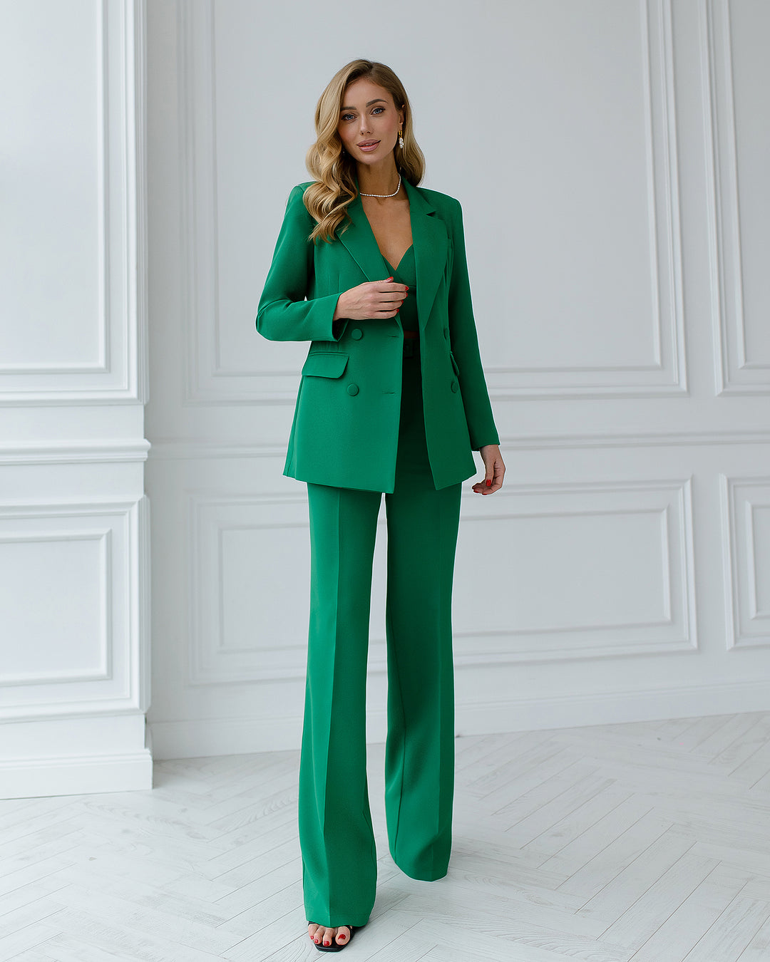 Green chic 3-piece Palazzo Pantsuit: blazer, crop top and pants