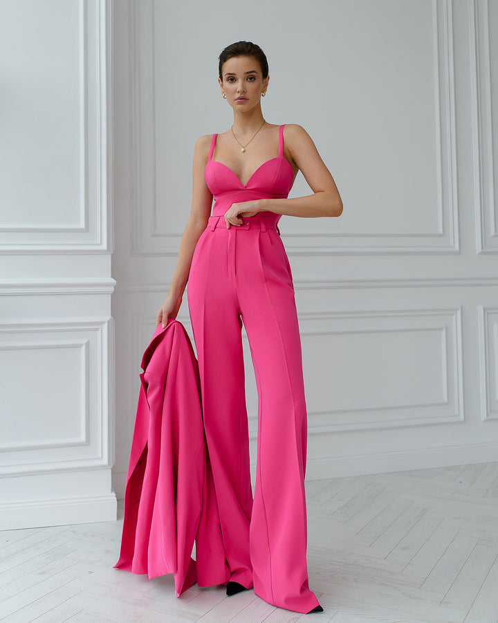 Hot Pink chic 3-piece Palazzo Pantsuit: blazer, crop top and pants