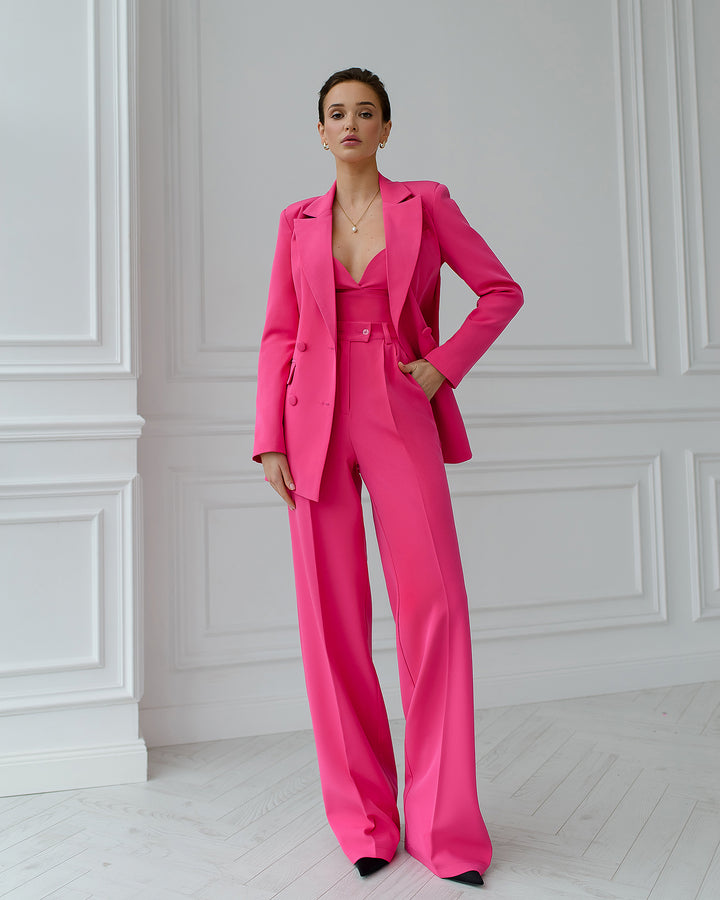 Hot Pink chic 3-piece Palazzo Pantsuit: blazer, crop top and pants