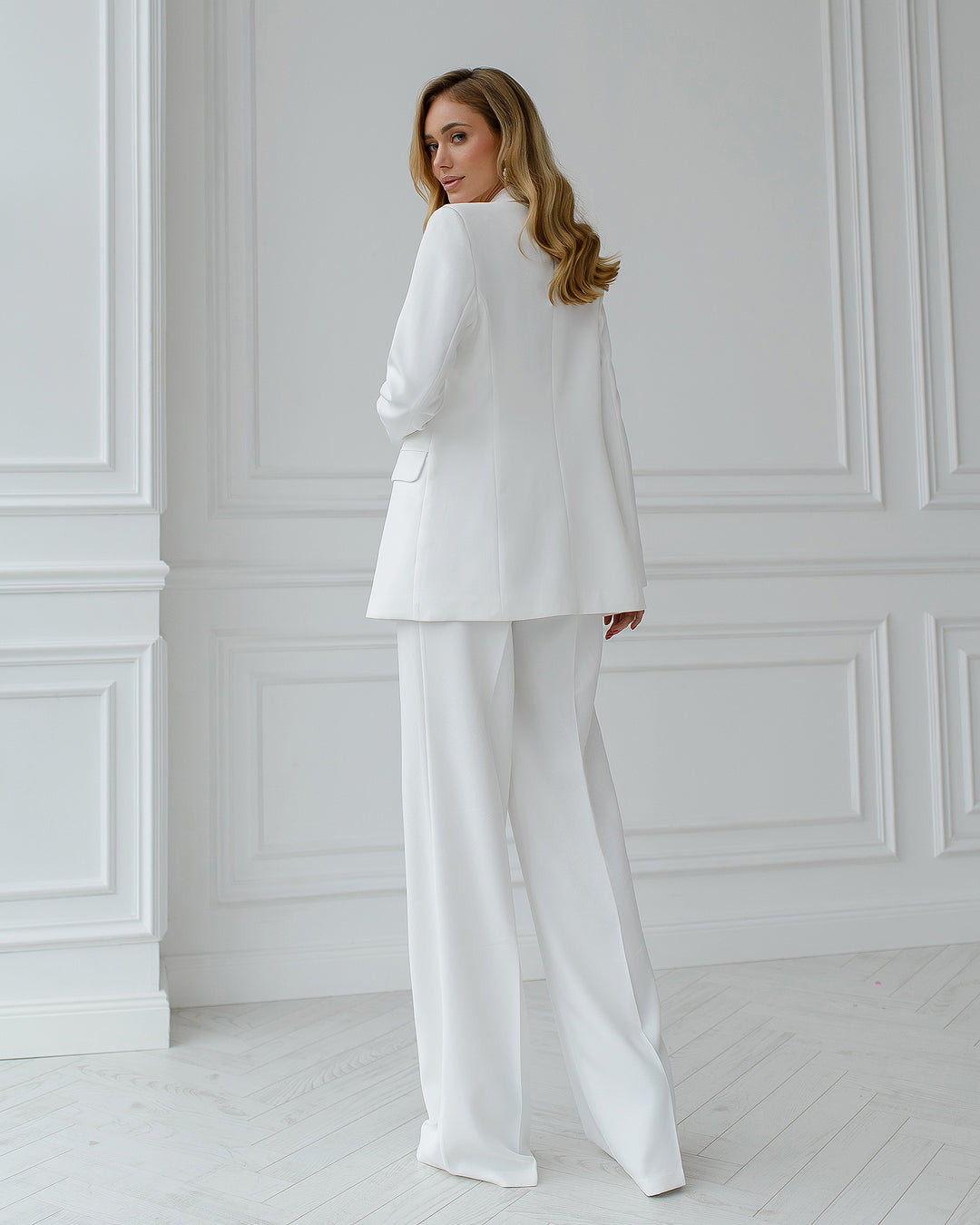 White chic 3-piece Palazzo Pantsuit: blazer, crop top and pants