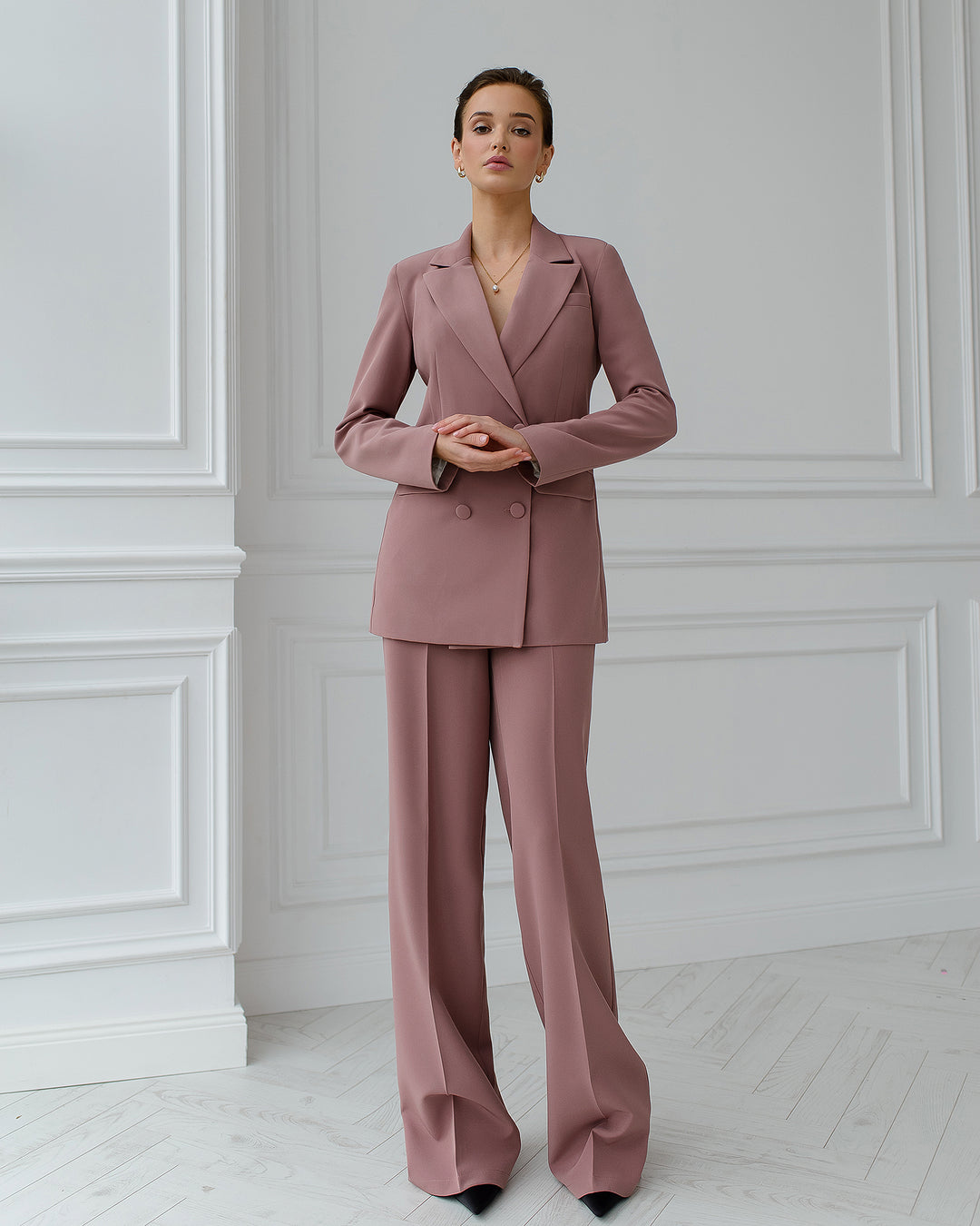 Beige mocco chic 3-piece Palazzo Pantsuit: blazer, crop top and pants