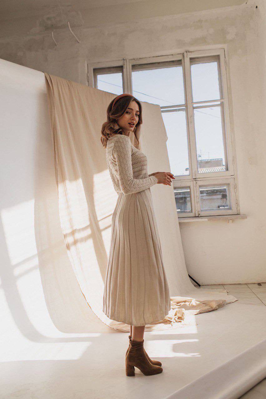 Beige Knit Midi Hollow Out Dress