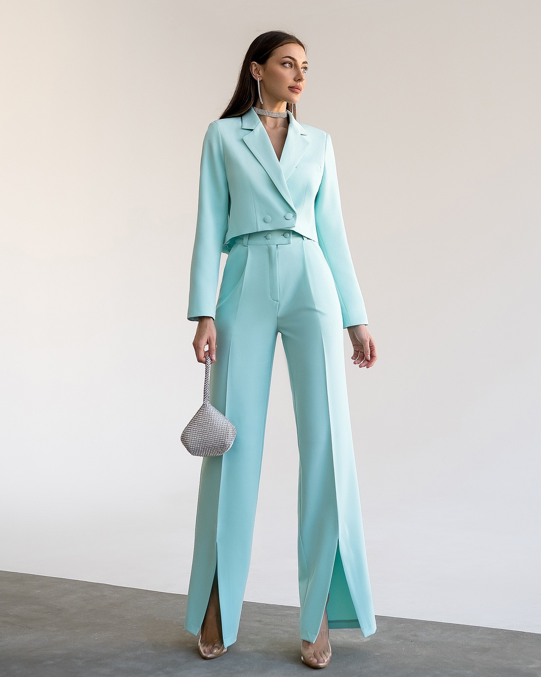 Mint Green chic crop blazer and high waist pants with slits set