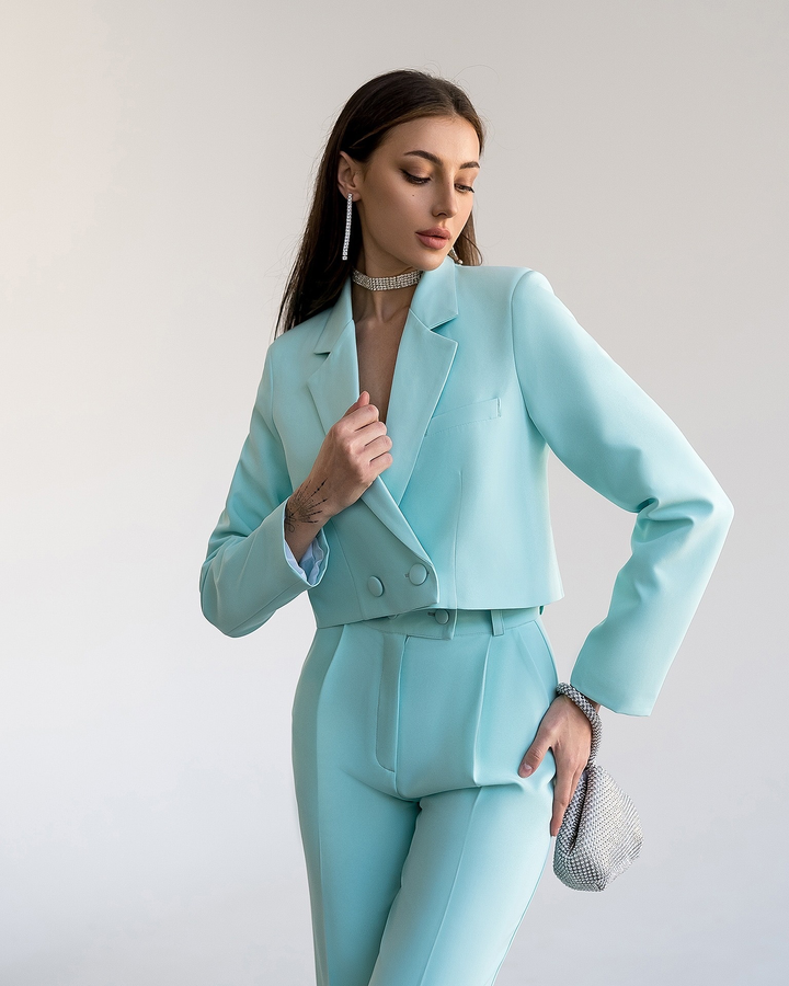 Mint Green chic crop blazer and high waist pants with slits set