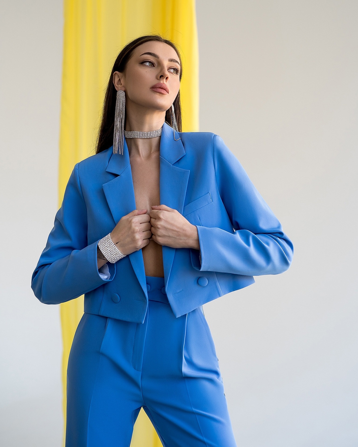 Blue chic crop blazer and high waist pants with slits set