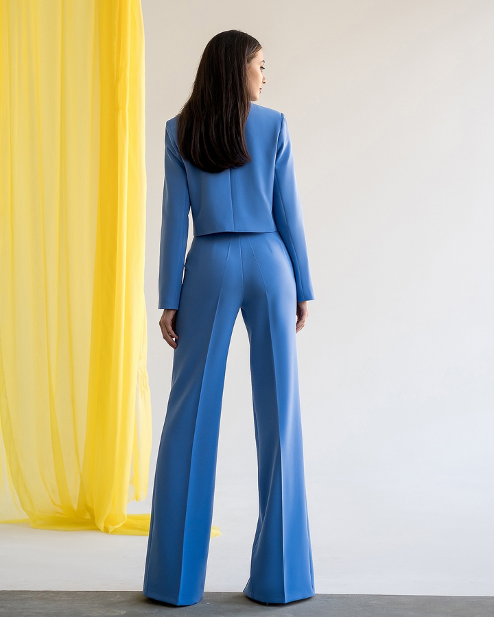 Blue chic crop blazer and high waist pants with slits set