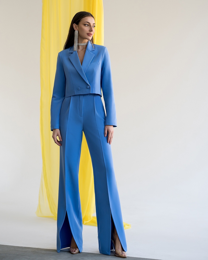 Blue chic crop blazer and high waist pants with slits set